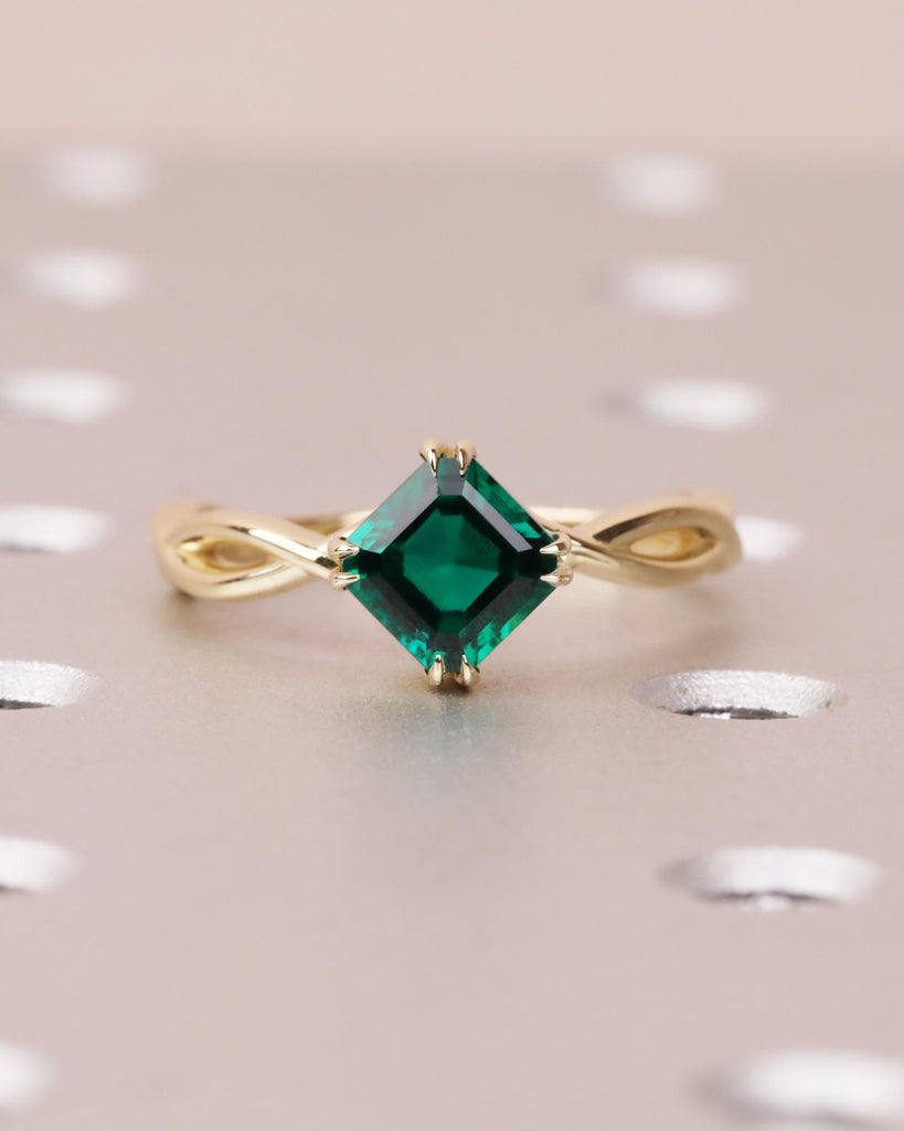 Asscher Cut Emerald Engagement Ring | Twisted Braided Band Ring | 14K Yellow Gold Emerald Ring with Double Claw Prongs | May Birthstone Ring