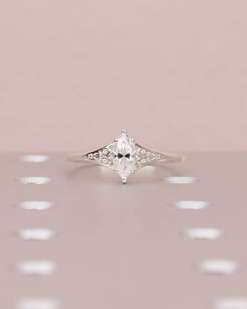 Silver Heirloom Lab Diamond Engagement Ring, Marquise Cut Victorian Filigree Band, Antique Proposal Ring, Women's Wedding Anniversary Ring image #3
