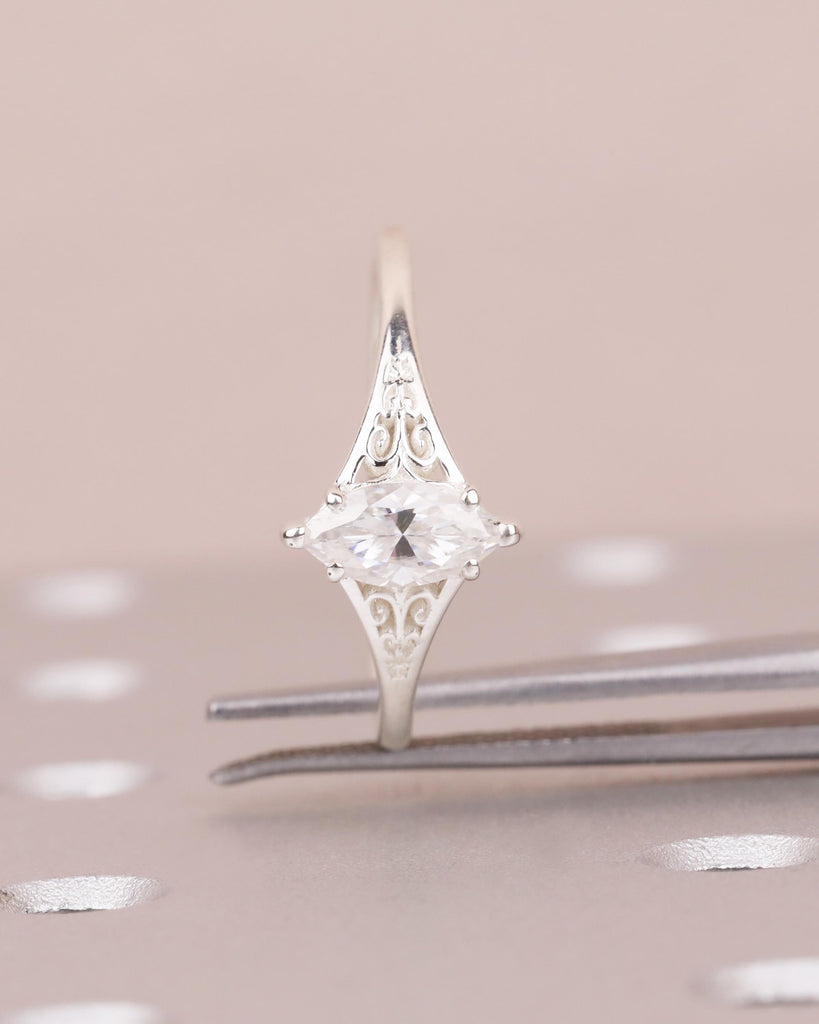 Silver Heirloom Lab Diamond Engagement Ring, Marquise Cut Victorian Filigree Band, Antique Proposal Ring, Women's Wedding Anniversary Ring image #6