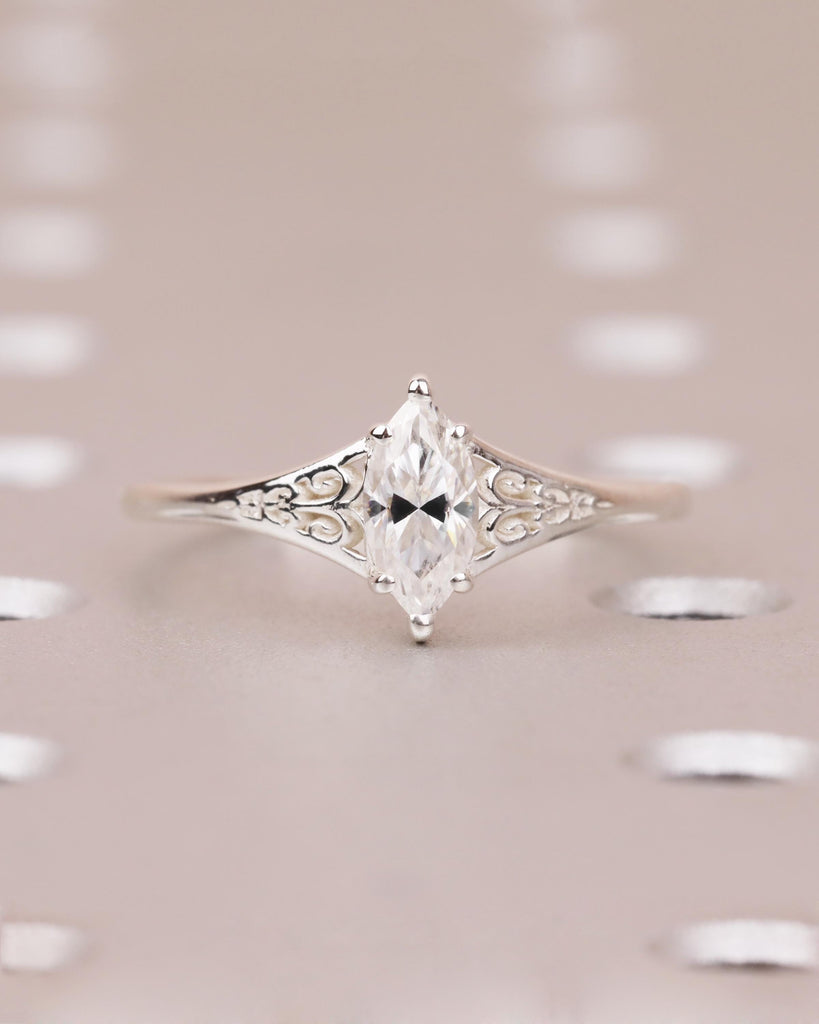 Silver Heirloom Lab Diamond Engagement Ring, Marquise Cut Victorian Filigree Band, Antique Proposal Ring, Women's Wedding Anniversary Ring