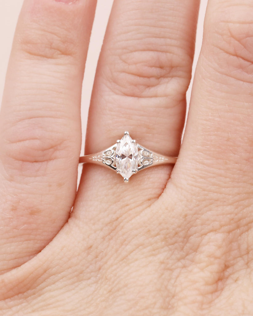 Silver Heirloom Moissanite Engagement Ring, Marquise Cut Victorian Filigree Band, Antique Proposal Ring, Women's Wedding Anniversary Ring image #2