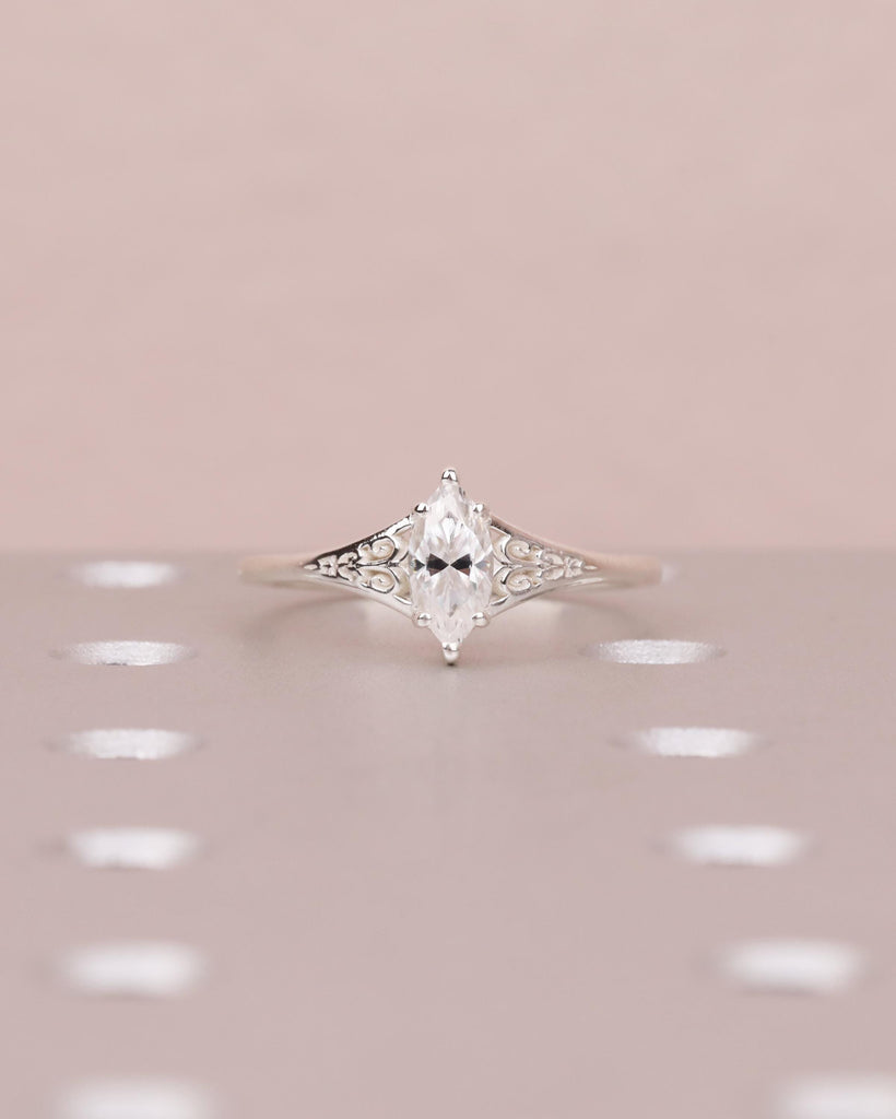 Silver Heirloom Moissanite Engagement Ring, Marquise Cut Victorian Filigree Band, Antique Proposal Ring, Women's Wedding Anniversary Ring