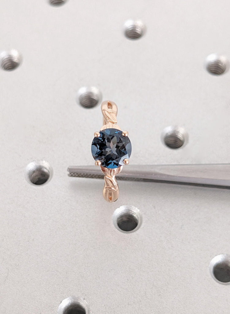 London Blue Topaz Engagement Ring, Round Cut Solitaire, Nature Inspired 14K Rose Gold Leaf Engraved Ring, Dainty Split Shank Promise Ring