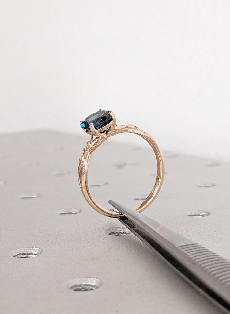 Vintage Style Engagement Ring, Round London Blue Topaz, 14K Rose Gold, Leaf Bridal Jewelry