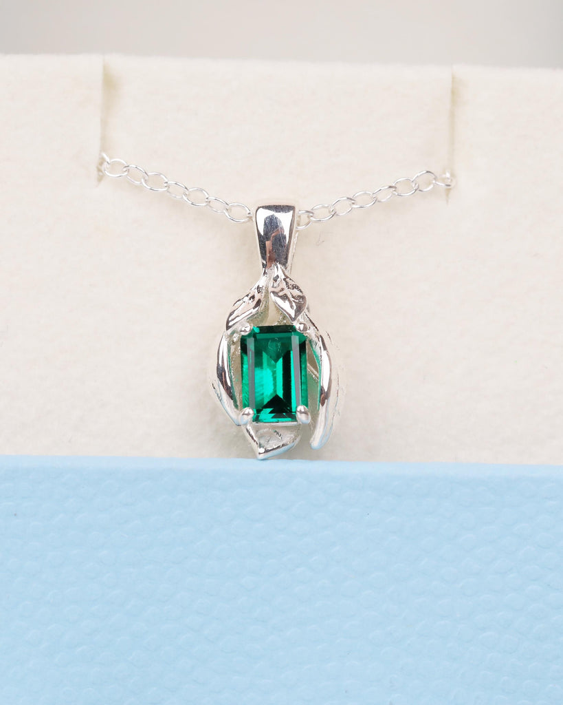 Emerald Gemstone Pendant, Sterling Silver Birthstone Necklace, Leaf Nature Jewelry image #11