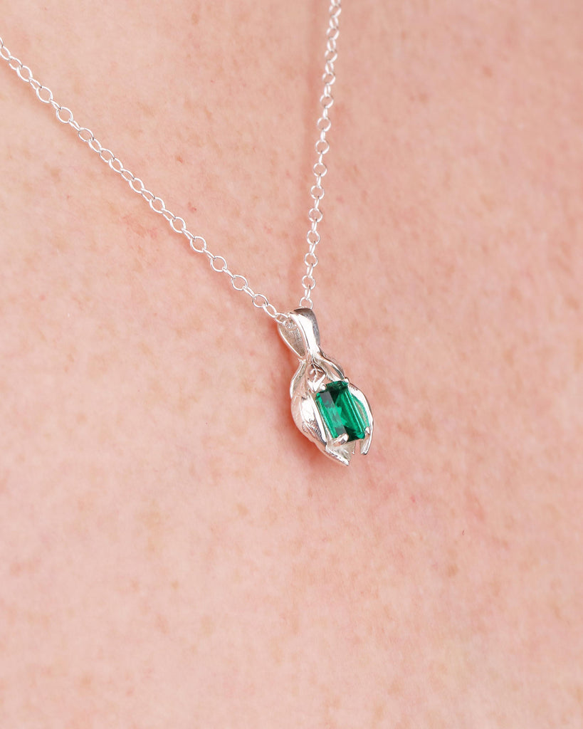 Emerald Gemstone Pendant, Sterling Silver Birthstone Necklace, Leaf Nature Jewelry image #13