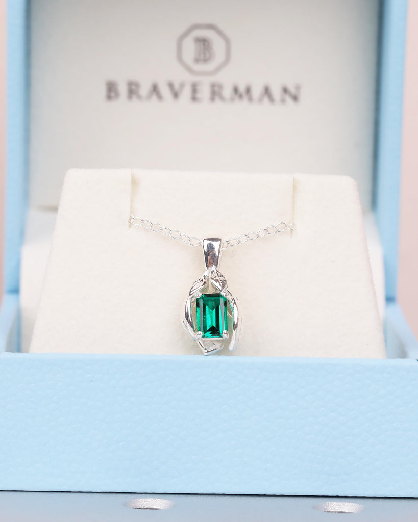 Emerald Gemstone Pendant, Sterling Silver Birthstone Necklace, Leaf Nature Jewelry image #3