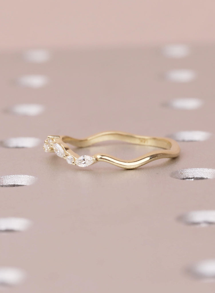 Curved 14K Gold Wedding Band with Marquise and Round Diamond, Dainty Stacking Ring for Women, Unique Matching Bridal Ring, Best Friend Rings image #4
