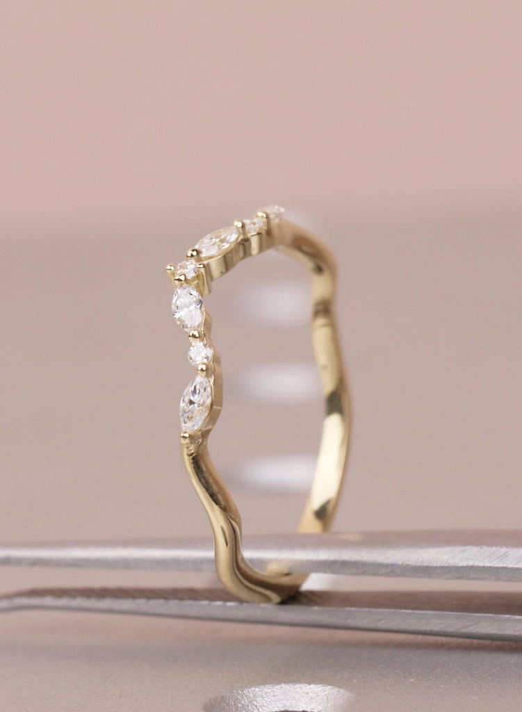 Curved 14K Gold Wedding Band with Marquise and Round Diamond, Dainty Stacking Ring for Women, Unique Matching Bridal Ring, Best Friend Rings image #3