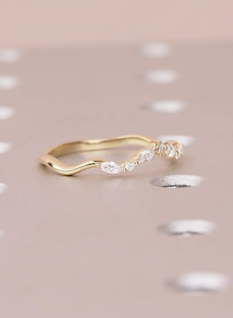 Curved 14K Gold Wedding Band with Marquise and Round Diamond, Dainty Stacking Ring for Women, Unique Matching Bridal Ring, Best Friend Rings image #6