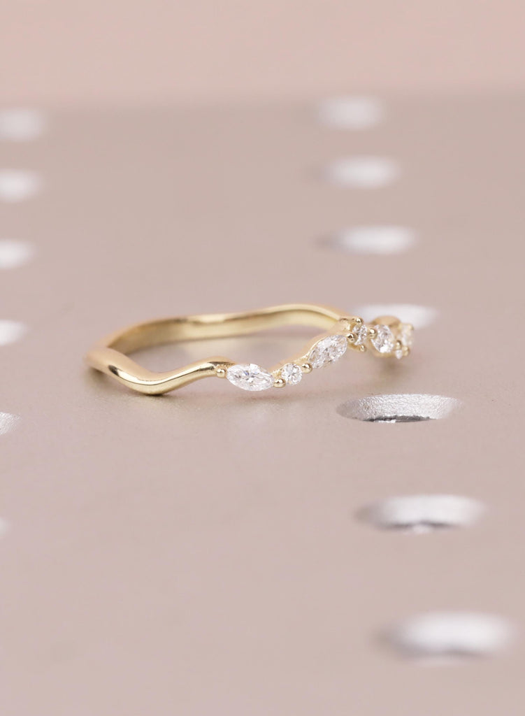Diamond Wedding Band, Curved 14K Yellow Gold Matching Rings, Engraved Promise Ring image #7