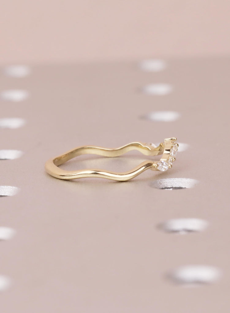 Curved 14K Gold Wedding Band with Marquise and Round Diamond, Dainty Stacking Ring for Women, Unique Matching Bridal Ring, Best Friend Rings image #8