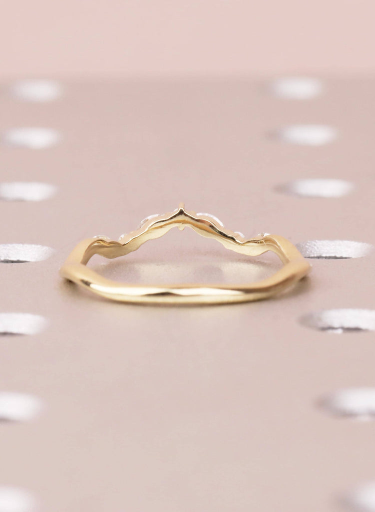 Curved 14K Gold Wedding Band with Marquise and Round Diamond, Dainty Stacking Ring for Women, Unique Matching Bridal Ring, Best Friend Rings image #10