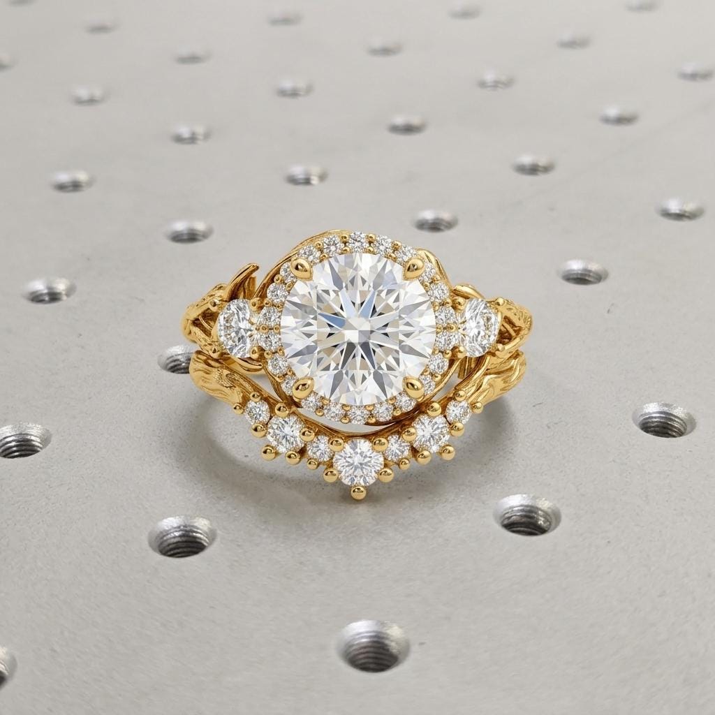 Round Halo Diamond Engagement Ring and Wedding Ring Set | 14k Gold Stacking Rings | Nature Inspired Ring Bridal Jewellery Set for Women image #3