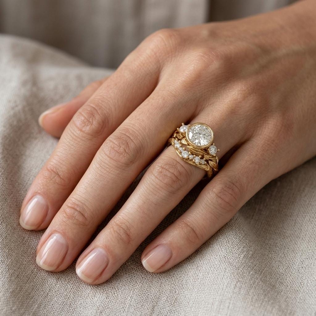 Nature Inspired Ring, Lab Diamond Engagement Ring, Dainty 14k Yellow Gold Bezel Ring, Bridal Jewelry Set, Unique Leaf Ring, Anniversary Ring image #5