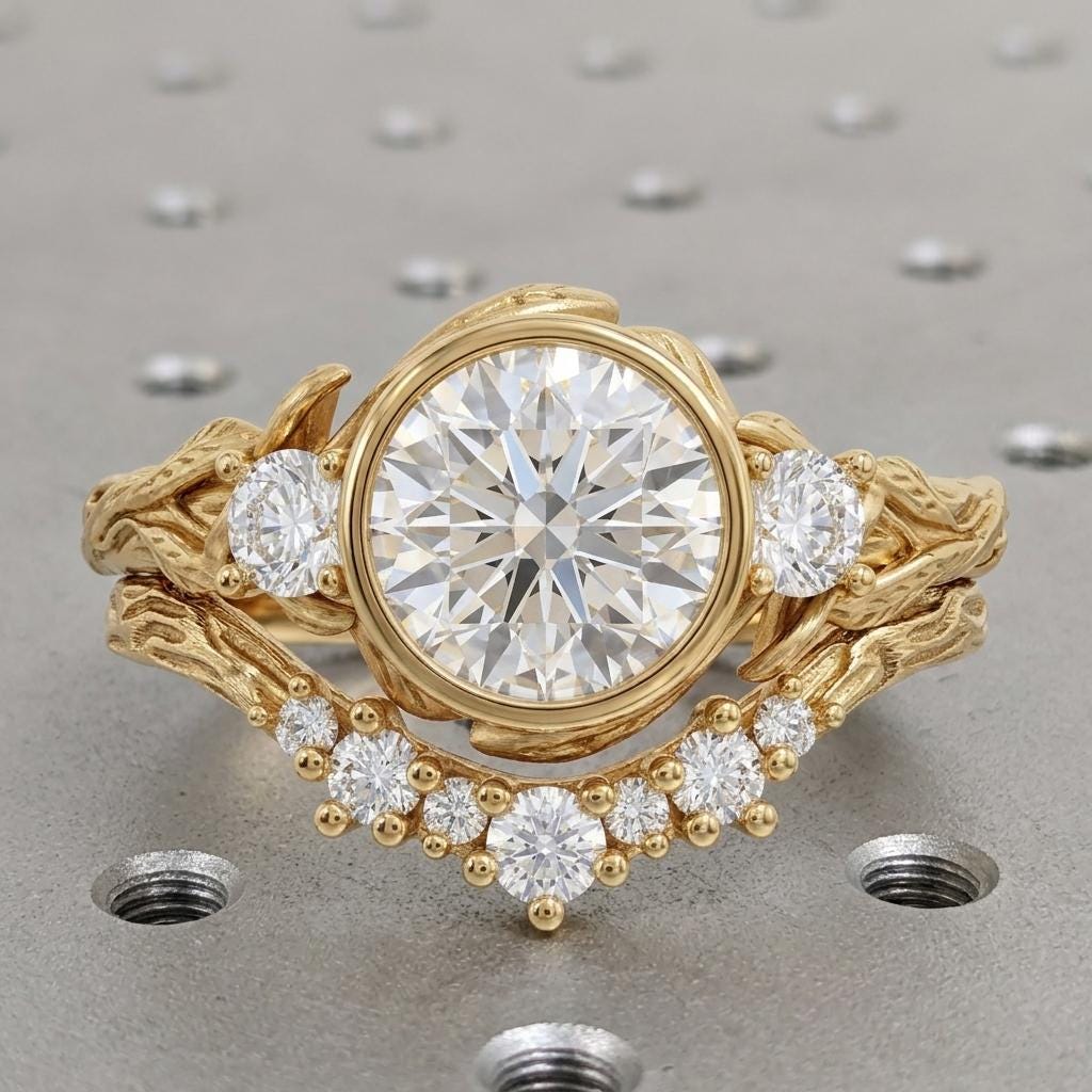 Nature Inspired Ring, Lab Diamond Engagement Ring, Dainty 14k Yellow Gold Bezel Ring, Bridal Jewelry Set, Unique Leaf Ring, Anniversary Ring image #4