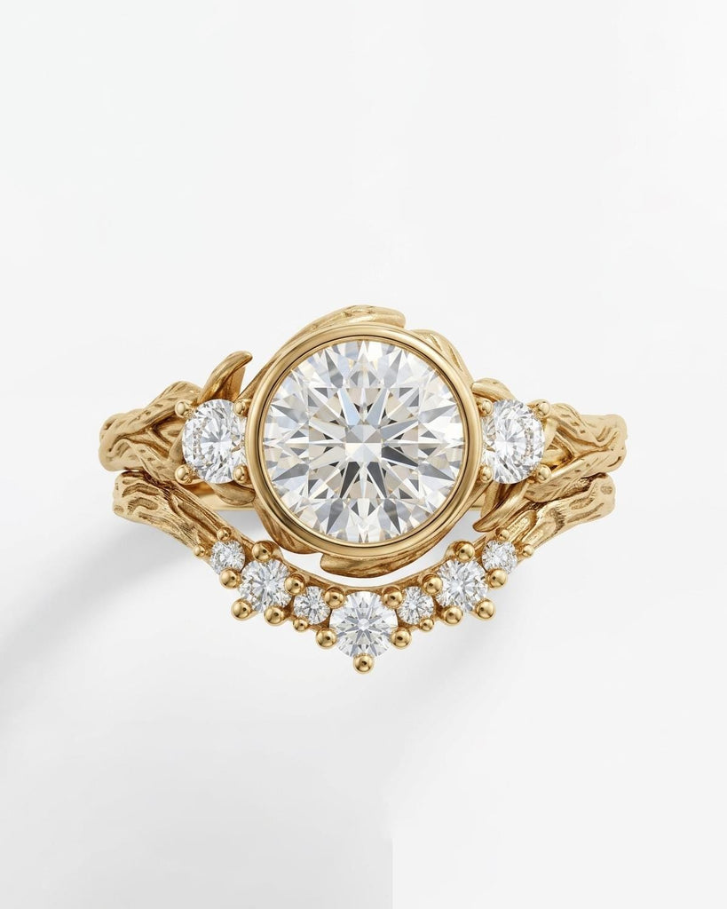 Round Lab Grown Diamond Engagement Ring, Vintage 14k Solid Gold Bezel Set Ring, Twig Wedding Bridal Sets, Nature Jewelry, Unique Flower Ring image #3