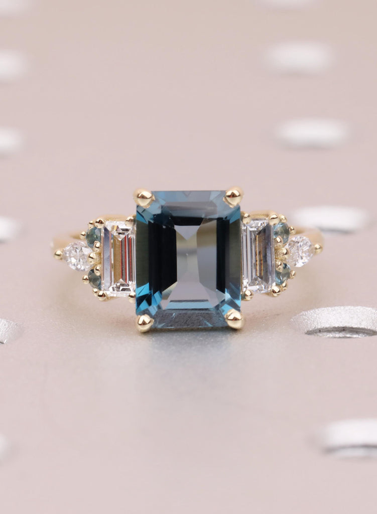 Blue Emerald Cut Engagement Ring, London Blue Natural Topaz Gemstone Ring, Baguette Marquise Ring For Woman, December Birthstone Jewelry image #8