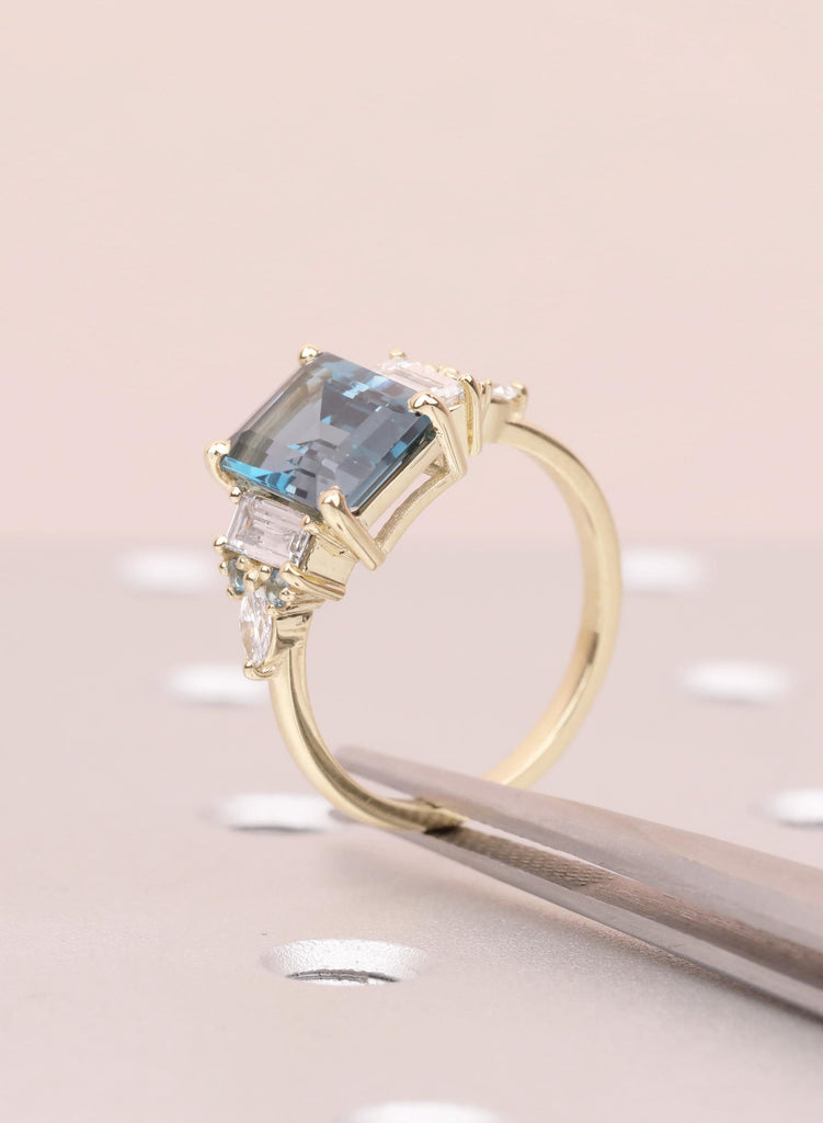 Blue Emerald Cut Engagement Ring, London Blue Natural Topaz Gemstone Ring, Baguette Marquise Ring For Woman, December Birthstone Jewelry image #7