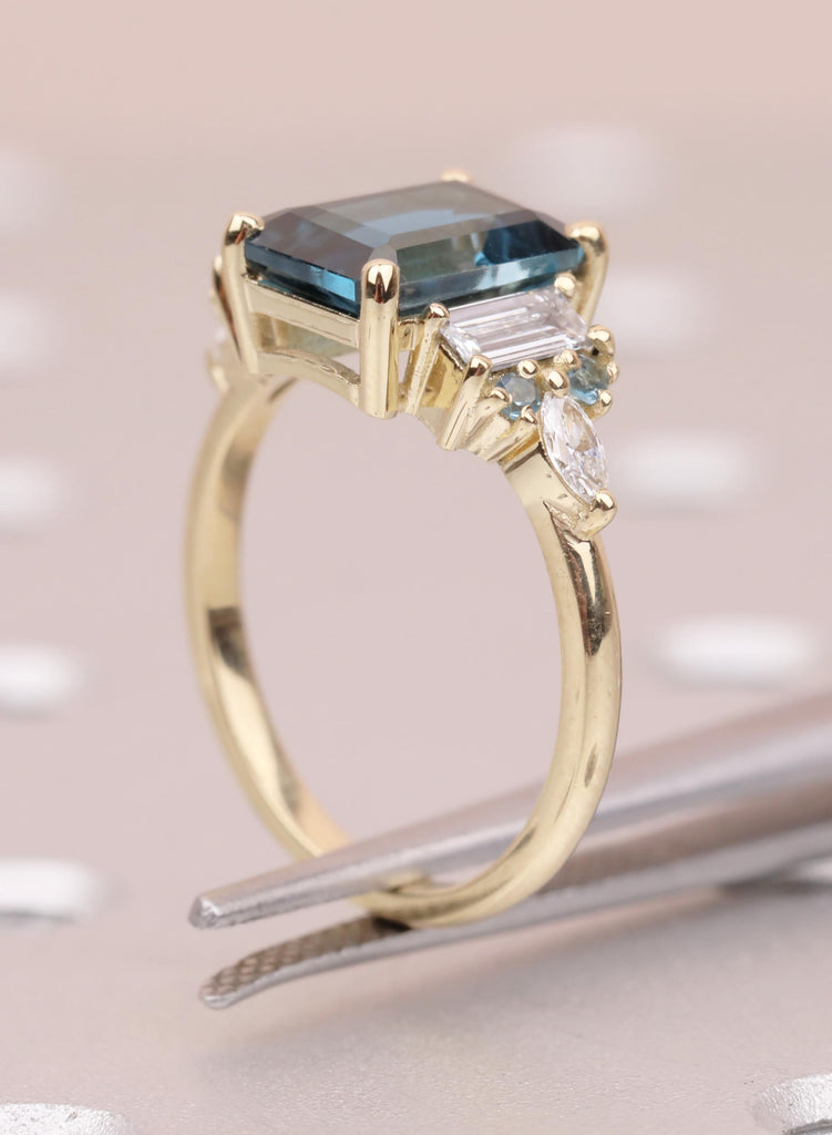 Blue Emerald Cut Engagement Ring, London Blue Natural Topaz Gemstone Ring, Baguette Marquise Ring For Woman, December Birthstone Jewelry image #14