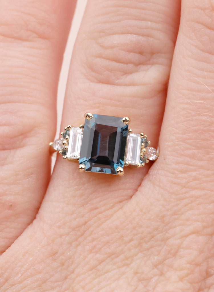Blue Emerald Cut Engagement Ring, London Blue Natural Topaz Gemstone Ring, Baguette Marquise Ring For Woman, December Birthstone Jewelry image #15