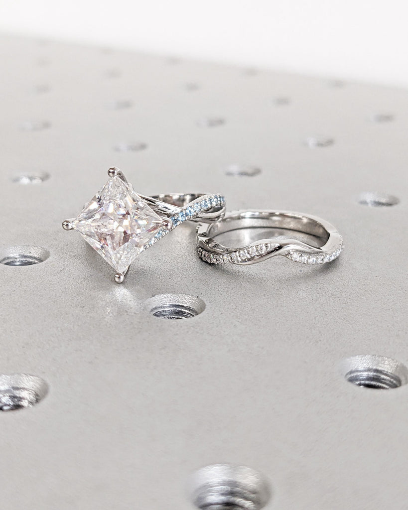 Princess Cut Moissanite Engagement Ring Set, 14k Solid Gold Hidden Halo Ring, Vintage Infinity Twist Band Wedding Set, Aquamarine Side Stone