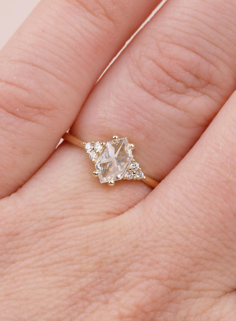 Lab Grown Hexagon Diamond Engagement Ring, 14K Yellow Gold Cluster Wedding Ring, Anniversary Gift