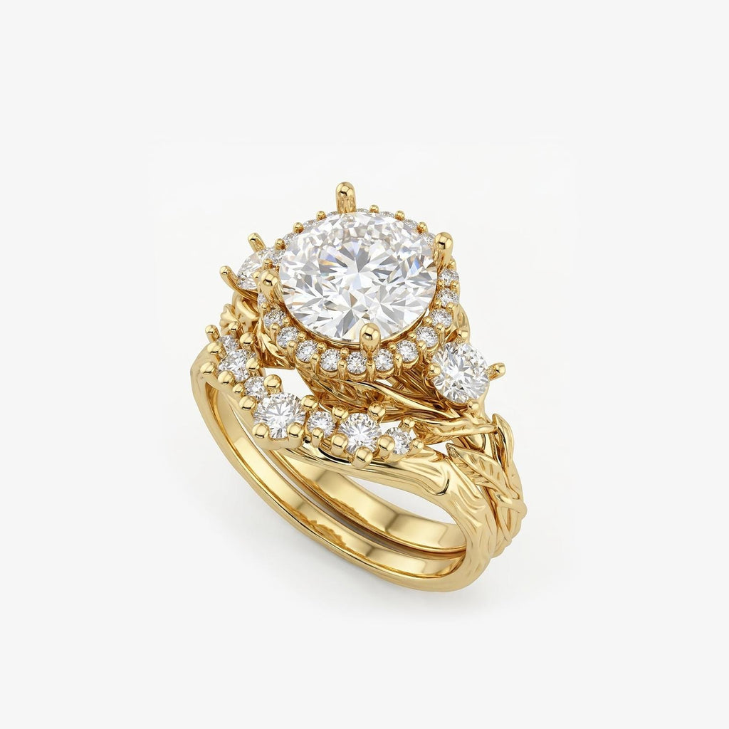Round Halo Diamond Engagement Ring and Wedding Ring Set | 14k Gold Stacking Rings | Nature Inspired Ring Bridal Jewellery Set for Women image #5