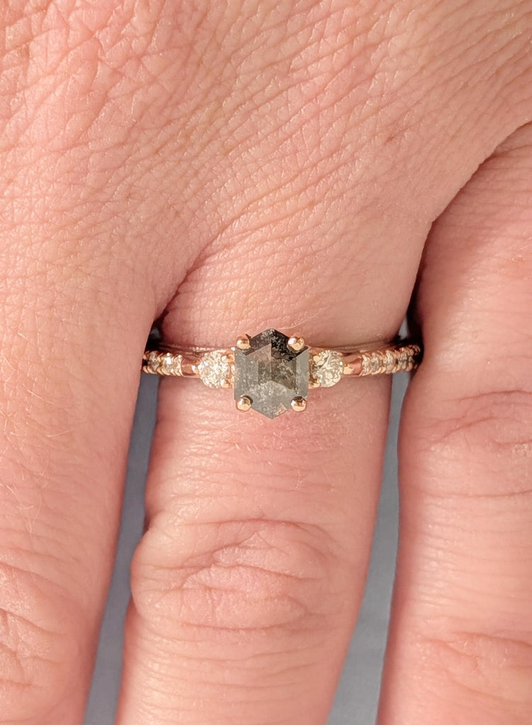 Hexagon Salt and Pepper Diamond Engagement Ring, 14K/18K Gold Two Tone Ring Vintage Art Deco Filigree Wedding Band, Unique Anniversary Ring image #6