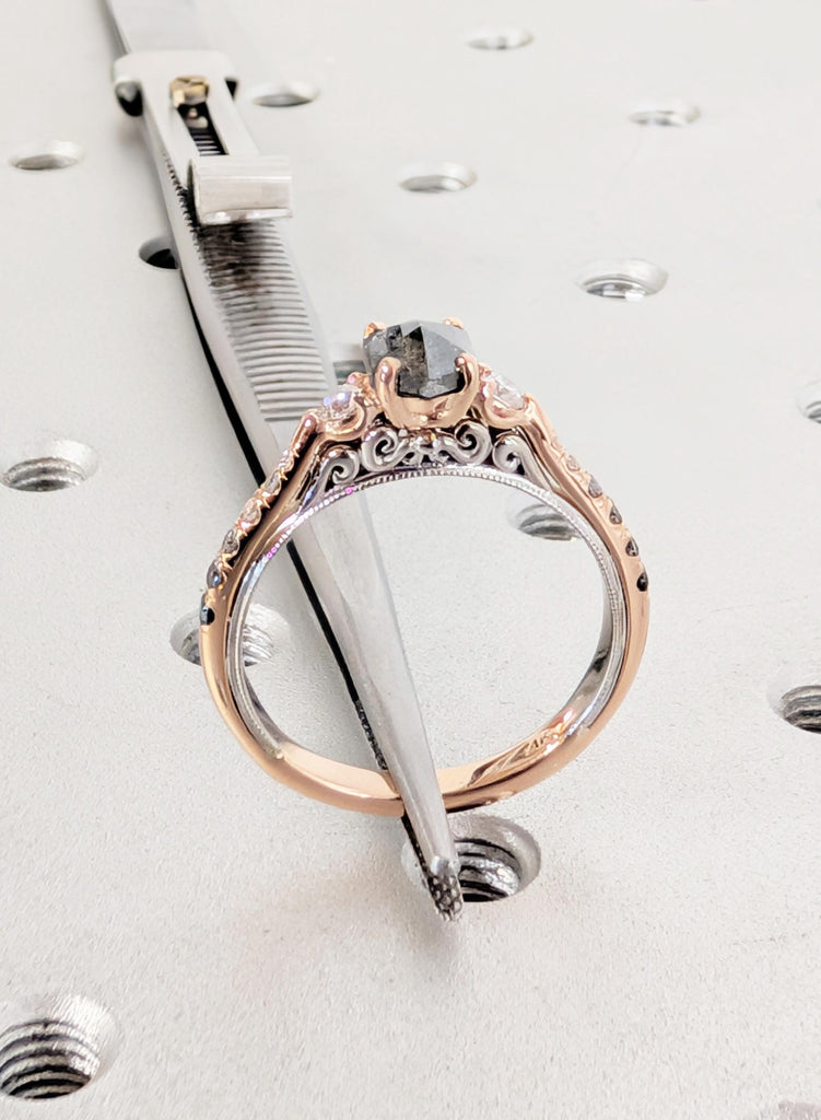 Hexagon Salt and Pepper Diamond Engagement Ring, 14K/18K Gold Two Tone Ring Vintage Art Deco Filigree Wedding Band, Unique Anniversary Ring image #7