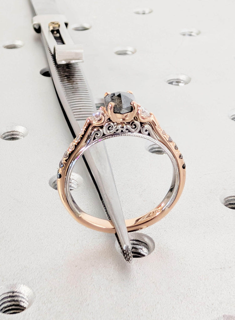 14K Gold Salt and Pepper Diamond Engagement Ring w/ Ombre Side Stones, Vintage Two-Tone Filigree Setting, Unique Galaxy Diamond Promise Ring image #2