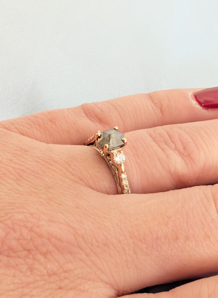 Hexagon Salt and Pepper Diamond Engagement Ring, 14K/18K Gold Two Tone Ring Vintage Art Deco Filigree Wedding Band, Unique Anniversary Ring image #5
