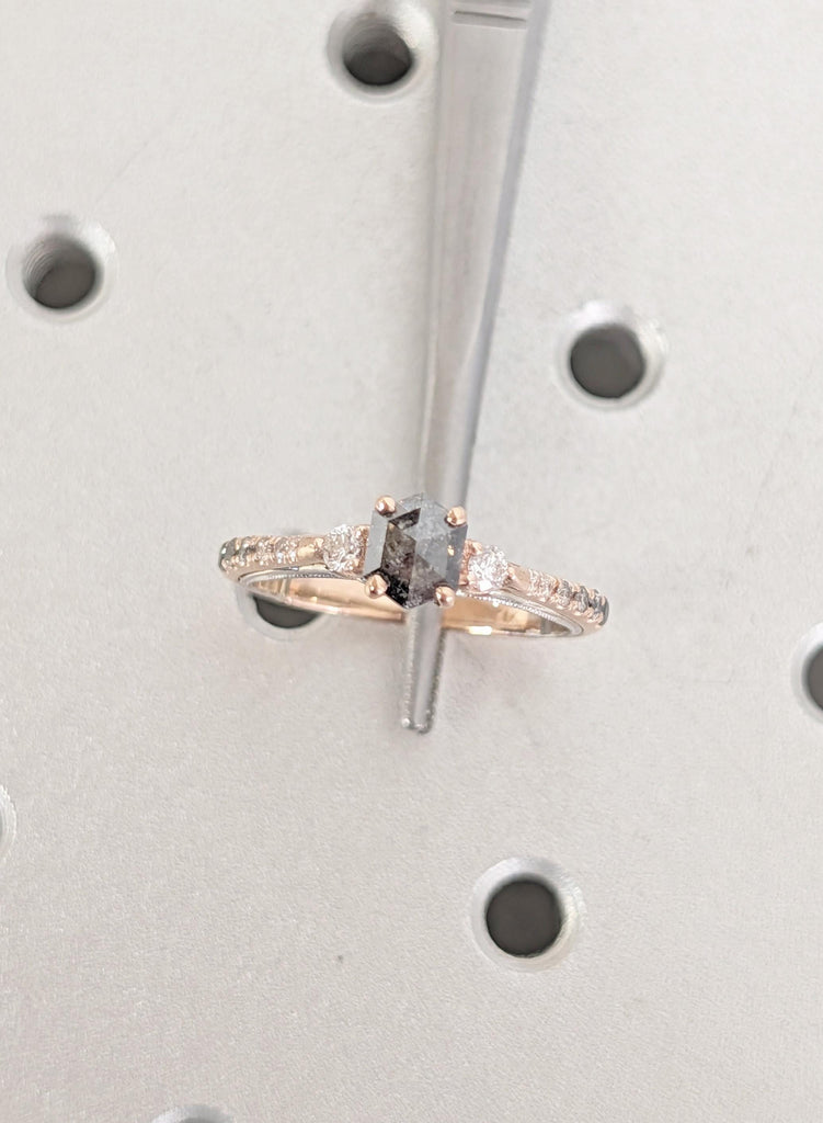 14K Gold Salt and Pepper Diamond Engagement Ring w/ Ombre Side Stones, Vintage Two-Tone Filigree Setting, Unique Galaxy Diamond Promise Ring image #10