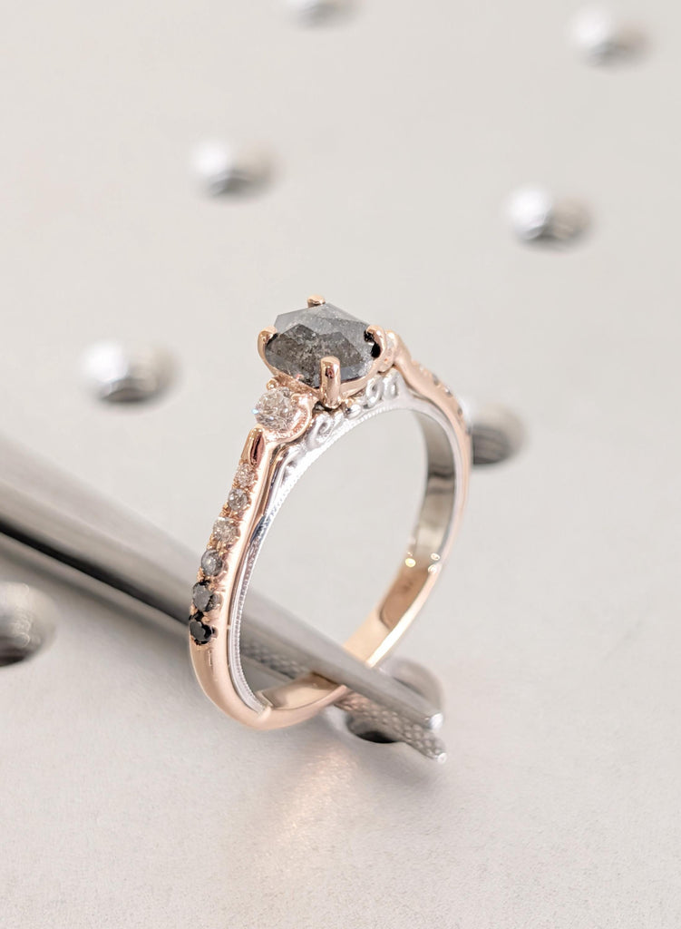 Hexagon Salt and Pepper Diamond Engagement Ring, 14K/18K Gold Two Tone Ring Vintage Art Deco Filigree Wedding Band, Unique Anniversary Ring image #9