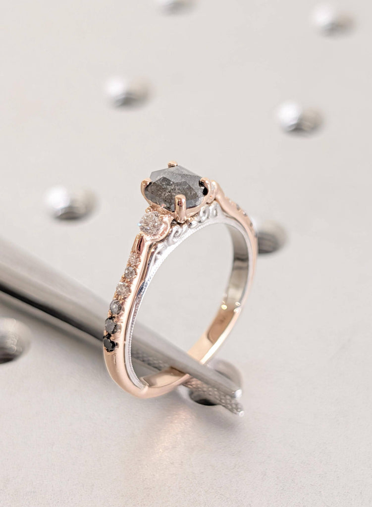 14K Gold Salt and Pepper Diamond Engagement Ring w/ Ombre Side Stones, Vintage Two-Tone Filigree Setting, Unique Galaxy Diamond Promise Ring image #6