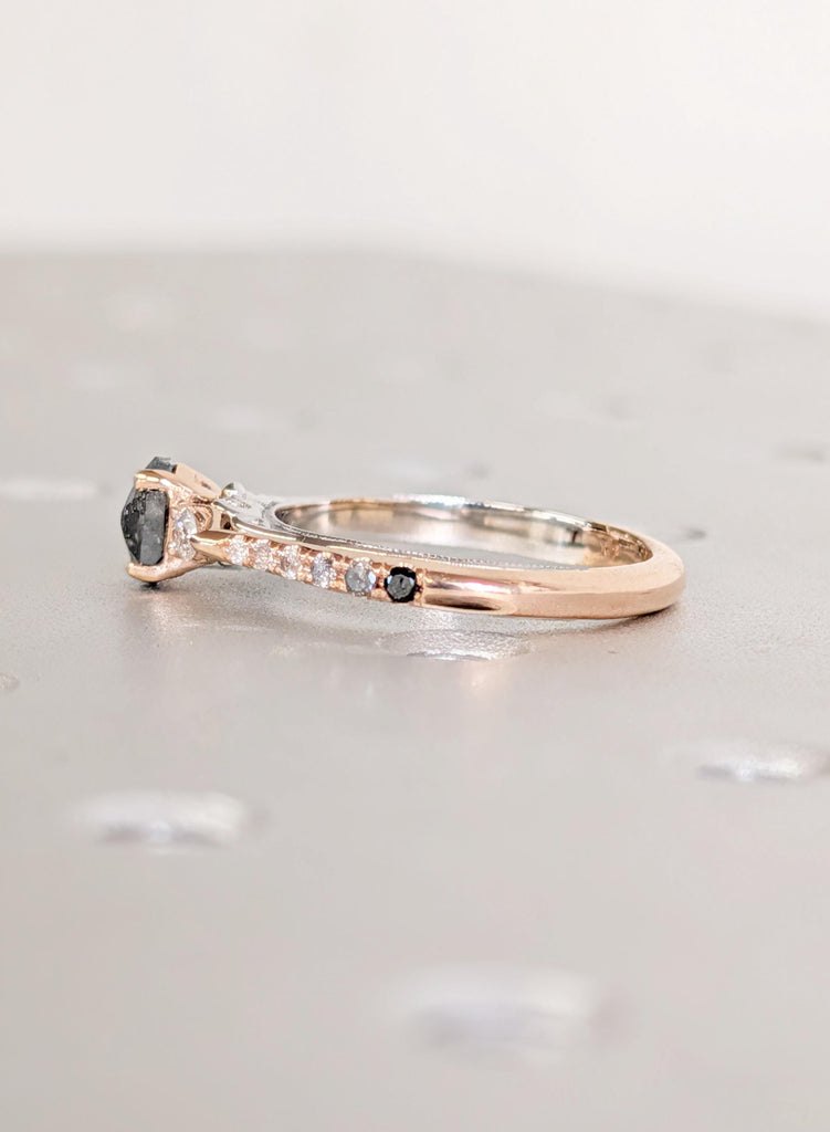 Hexagon Salt and Pepper Diamond Engagement Ring, 14K/18K Gold Two Tone Ring Vintage Art Deco Filigree Wedding Band, Unique Anniversary Ring image #13