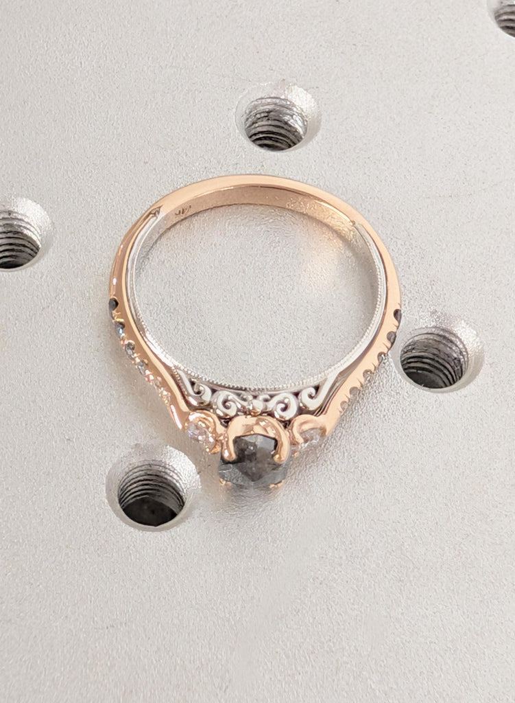 14K Two-Tone Gold Hexagon Salt Pepper Diamond Ring Ombre Side Stones Filigree image #8
