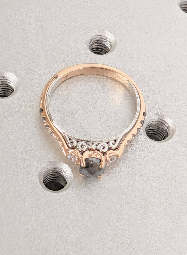 Hexagon Salt and Pepper Diamond Engagement Ring, 14K/18K Gold Two Tone Ring Vintage Art Deco Filigree Wedding Band, Unique Anniversary Ring image #11