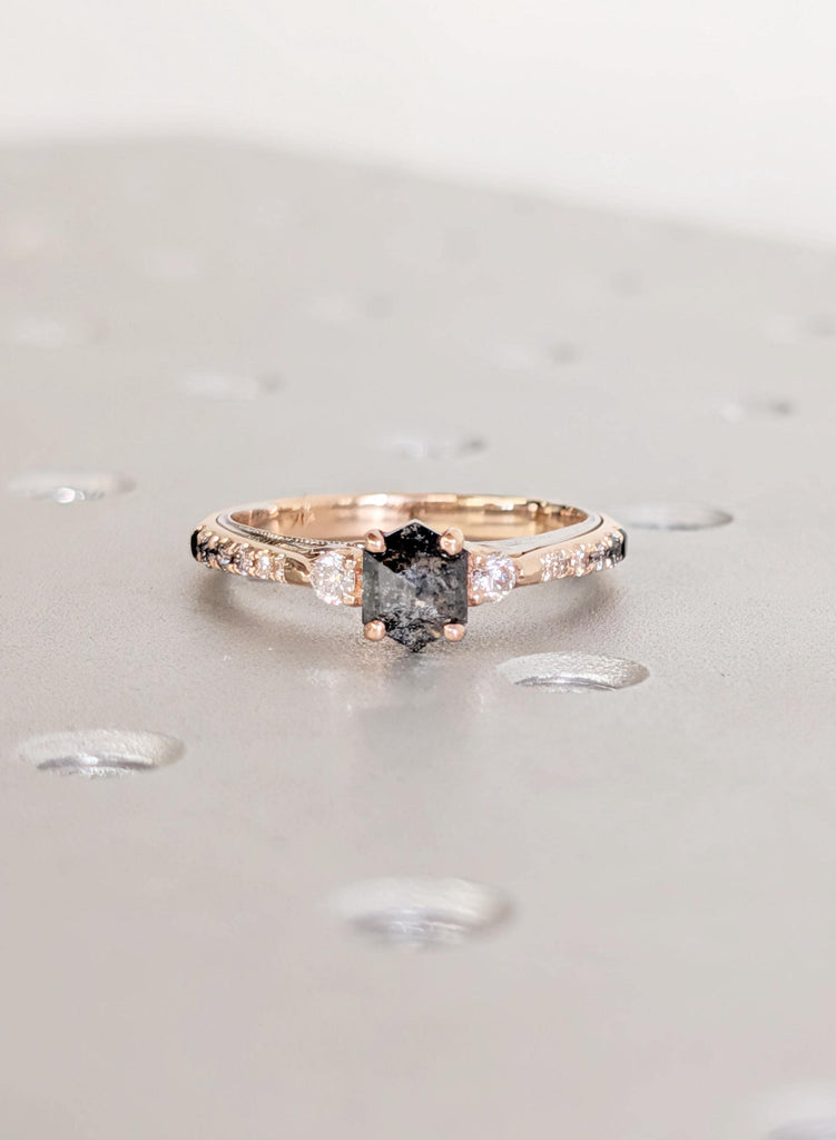 14K Gold Salt and Pepper Diamond Engagement Ring w/ Ombre Side Stones, Vintage Two-Tone Filigree Setting, Unique Galaxy Diamond Promise Ring