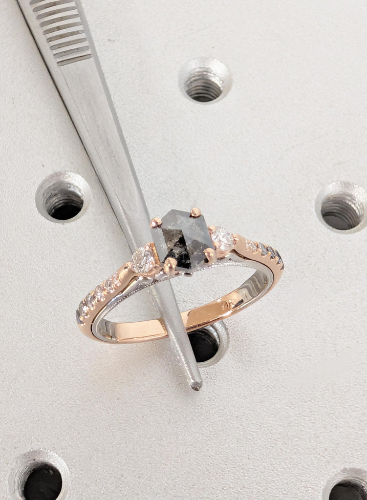 Hexagon Salt and Pepper Diamond Engagement Ring, 14K/18K Gold Two Tone Ring Vintage Art Deco Filigree Wedding Band, Unique Anniversary Ring image #2