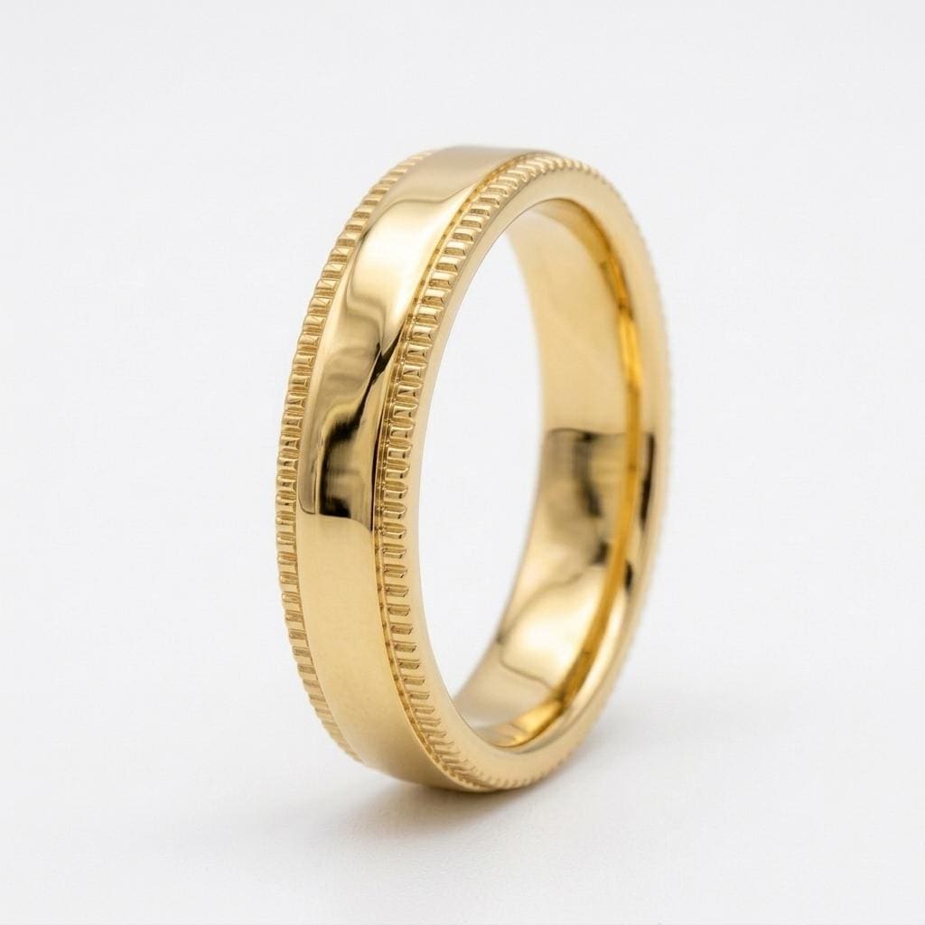 Domed 14k Yellow Gold Tungsten Ring Mens Milgrain Wedding Band Ring, 5 mm, Yellow gold tungsten band Comfort Fit Shiny Polished