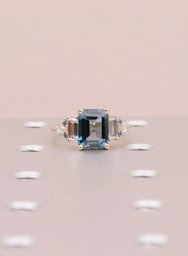 Blue Emerald Cut Engagement Ring, London Blue Natural Topaz Gemstone Ring, Baguette Marquise Ring For Woman, December Birthstone Jewelry