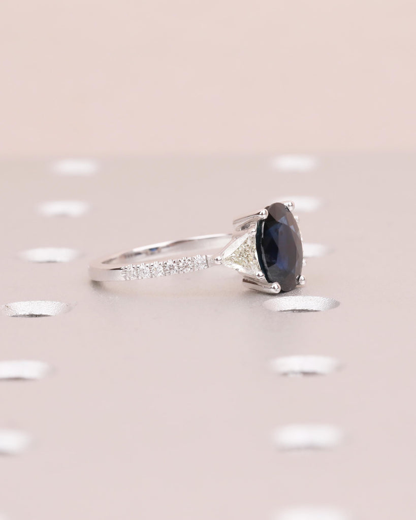 Oval Teal Sapphire Ring, 18k White Gold Engagement Ring, Round and Trillion Cut Diamonds image #3
