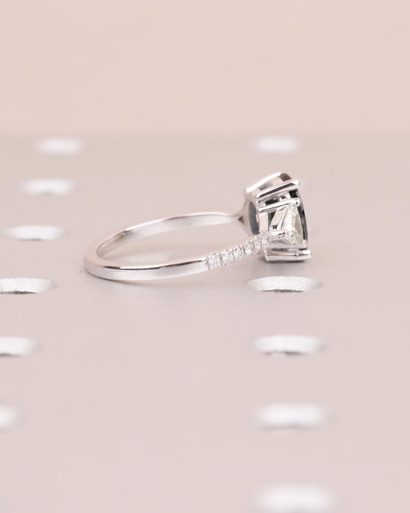 Oval Teal Sapphire Ring, 18k White Gold Engagement Ring, Round and Trillion Cut Diamonds image #6