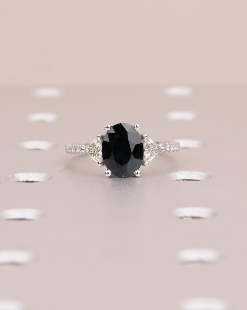 Oval Teal Sapphire Ring, 18k White Gold Engagement Ring, Round and Trillion Cut Diamonds image #10