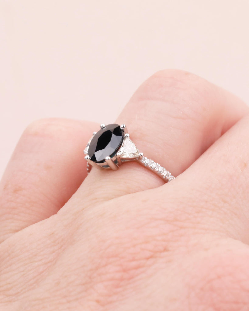Oval Teal Sapphire Ring, 18k White Gold Engagement Ring, Round and Trillion Cut Diamonds image #17