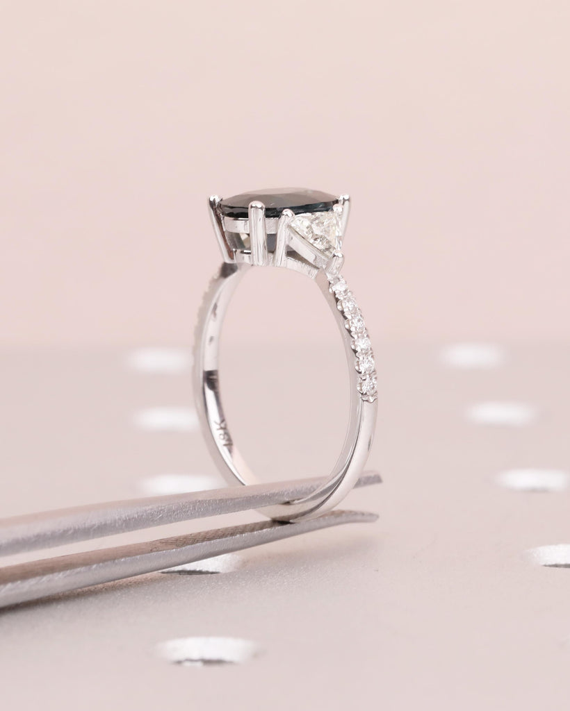 Oval Teal Sapphire Ring, 18k White Gold Engagement Ring, Round and Trillion Cut Diamonds image #18