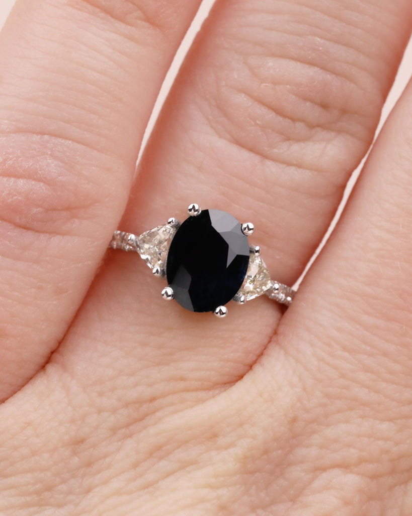 Oval Teal Sapphire Ring, 18k White Gold Engagement Ring, Round and Trillion Cut Diamonds image #4