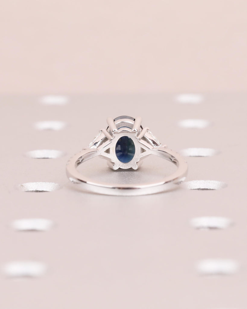 Oval Teal Sapphire Ring, 18k White Gold Engagement Ring, Round and Trillion Cut Diamonds image #7
