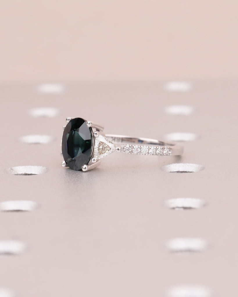 Oval Teal Sapphire Ring, 18k White Gold Engagement Ring, Round and Trillion Cut Diamonds image #14